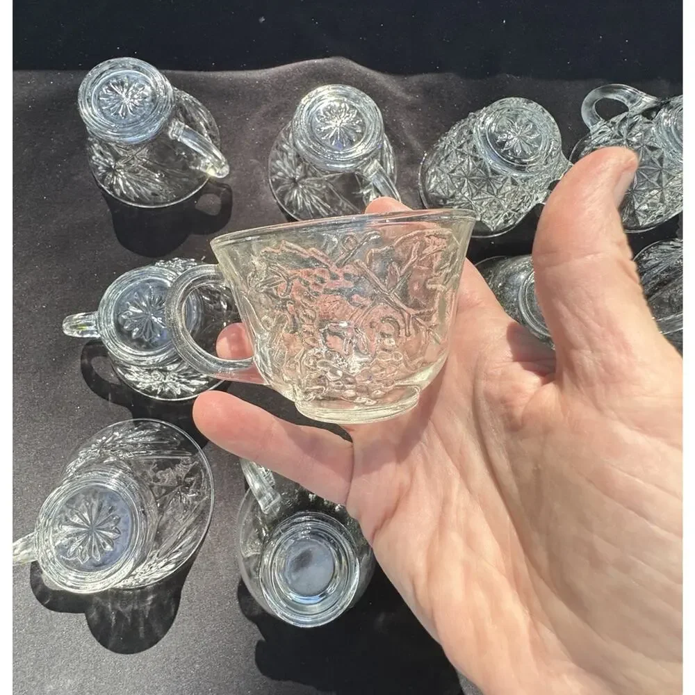 12 Vintage Clear Pressed Glass Punch Bowl Cups -Cups Only- Mixed Variety -10/13